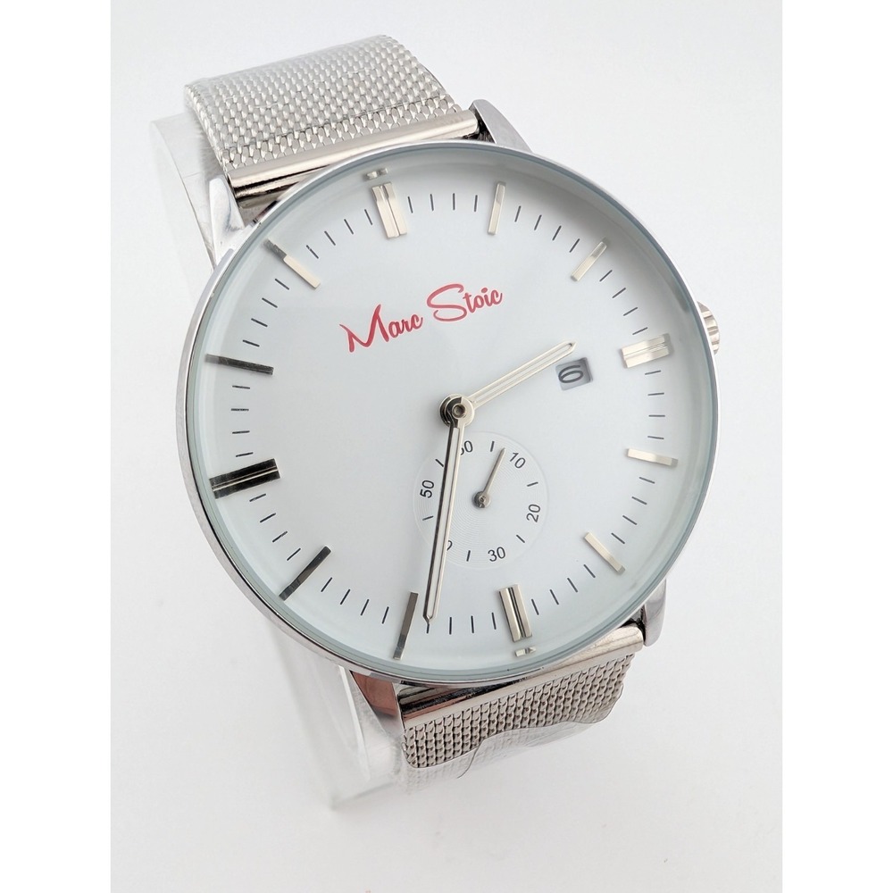 Marc Stoic Watch Men 40mm Case Silver Mesh Metal Adjustable Band- New Battery